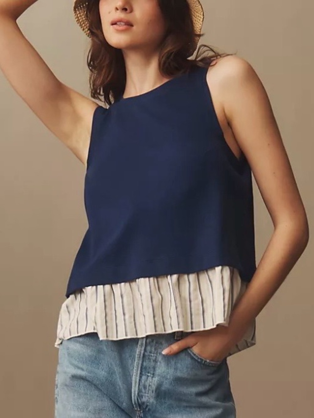 Sleeveless Navy Layered Tank Striped Hem By Anthropologie Open-Back Twofer